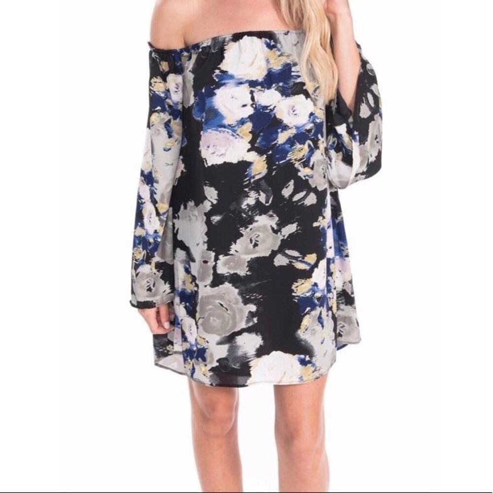 Buddy Love Joyce Licorice Dress medium off shoulder dark floral mini dress